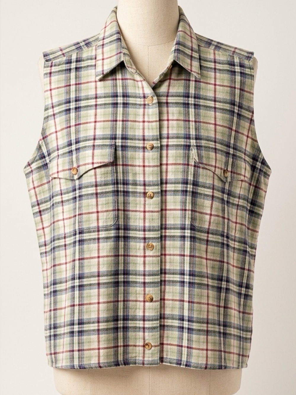 Vintage Cotton Blouse 80s Sleeveless Shirt Plaid Grunge Retro Top Button Up XL